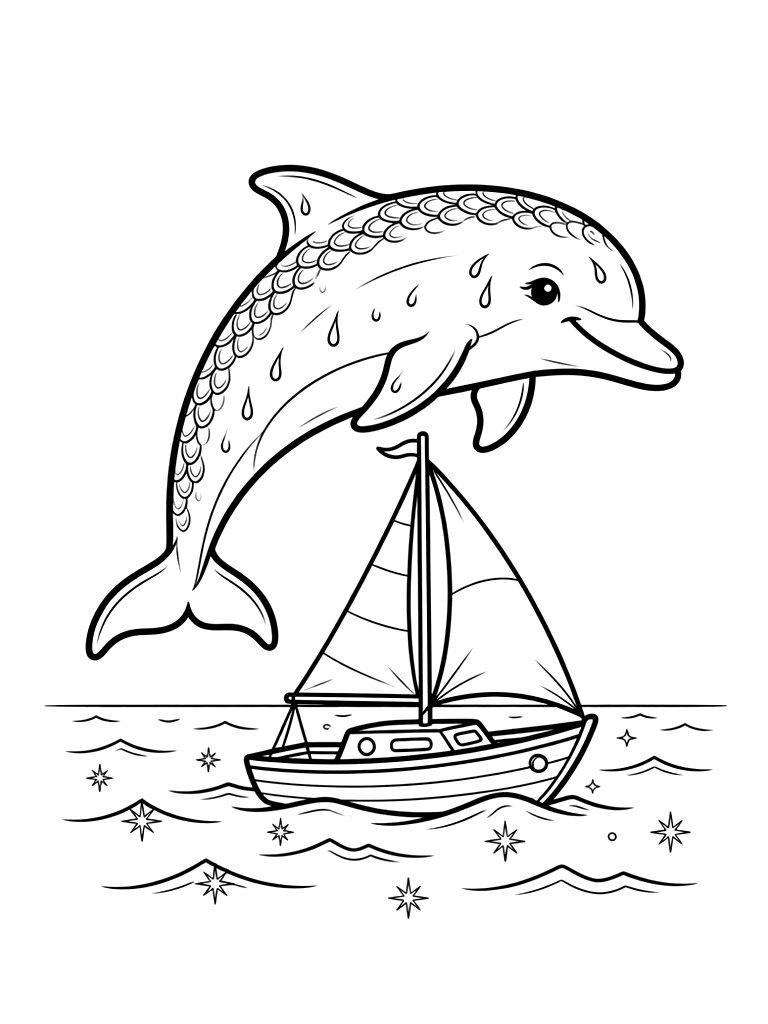 Detailed Dolphin Jumping Over A Small Sailing Boat In The Middle Of A Sparkling Blue Ocean Coloring Page