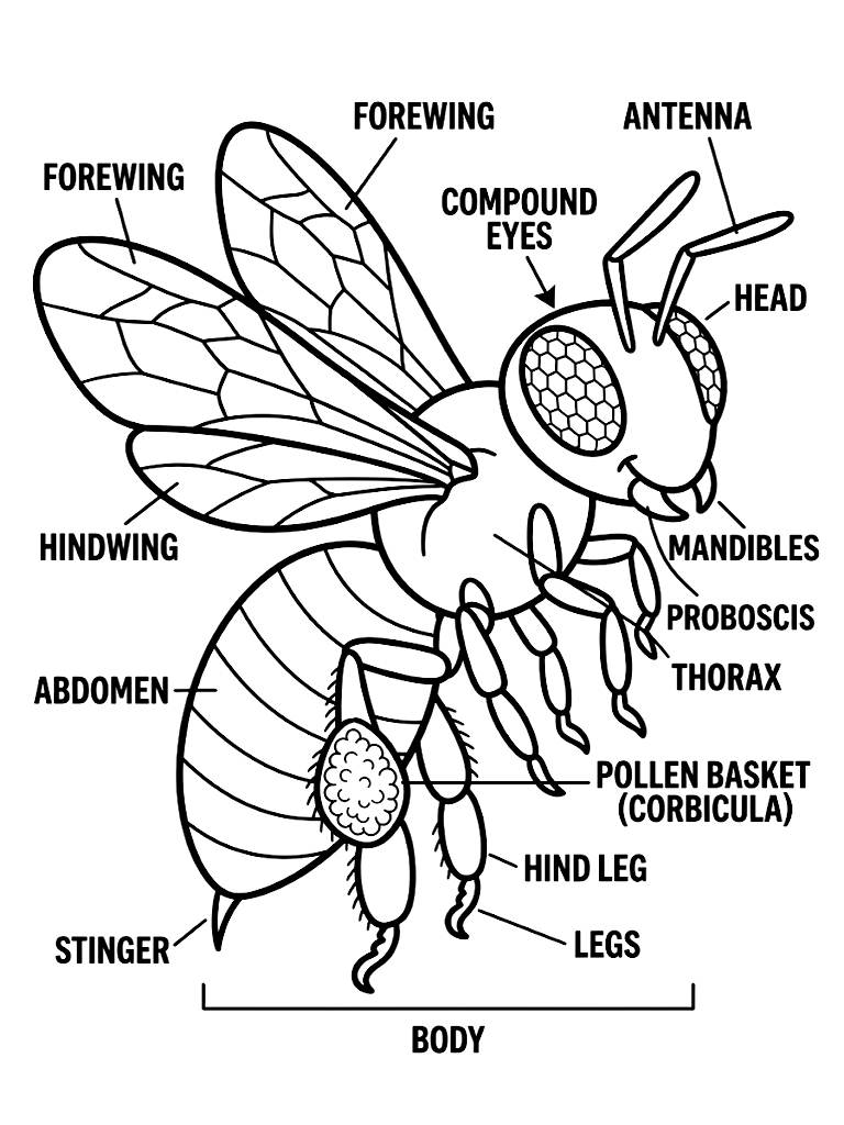 Detailed Educational Diagram Of A Worker Honeybee Displaying Its Intricate Wing Structure Pollen Baskets And Compound Eyes Coloring Page