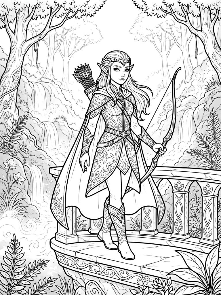 Detailed Elven Archer Standing Gracefully On A Stone Balcony Overlooking A Misty Valley Of Glowing Waterfalls And Ancient Forests Coloring Page