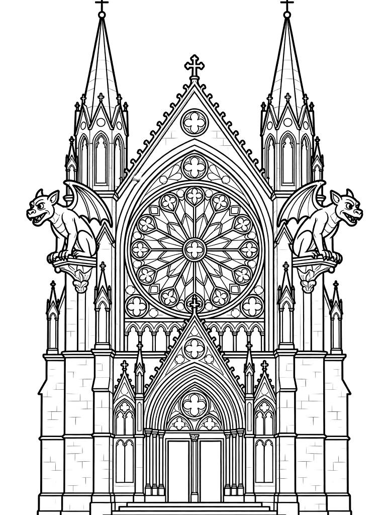 Detailed Facade Of A Gothic Cathedral Featuring Towering Spires Coloring Page
