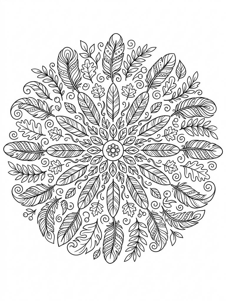 Detailed Feather And Leaf Mandala Coloring Page