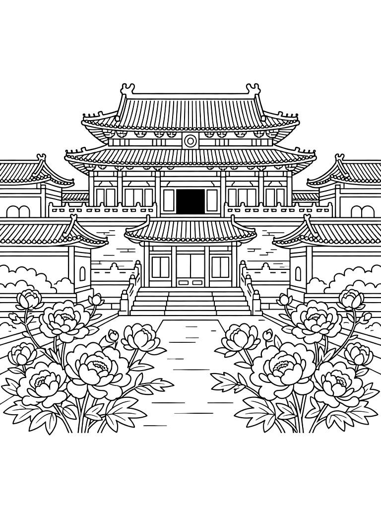 Detailed Forbidden City In Beijing With Traditional Rooftops And Blooming Peony Gardens In The Foreground Coloring Page