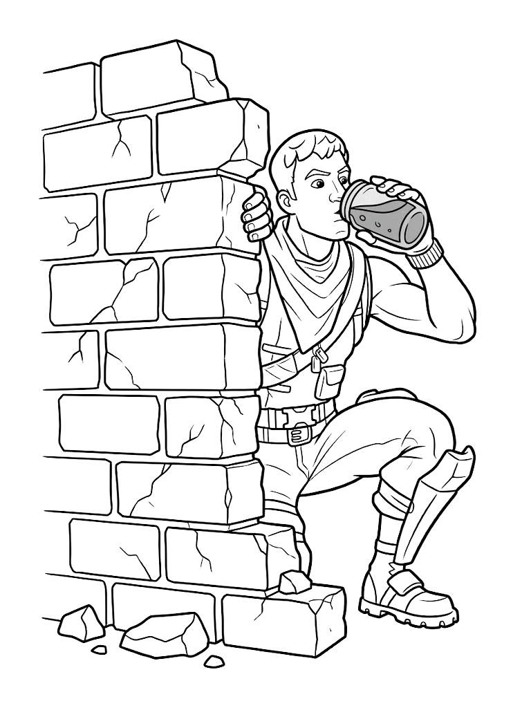 Detailed Fortnite Character Hiding Behind A Ruined Brick Wall While Drinking From A Glowing Blue Slurp Juice Glass Jar Coloring Page