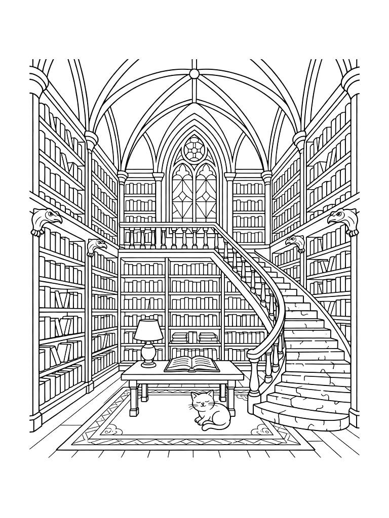 Detailed Gothic Cathedral Library With Towering Bookshelves And A Spiral Stone Staircase Coloring Page