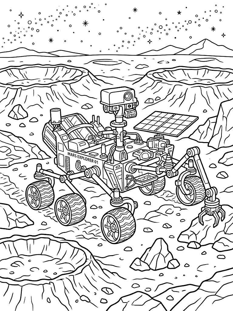 Detailed Illustration Of A High-Tech Mars Rover Exploring The Rocky Alien Landscape Surrounded By Deep Craters And Stardust Coloring Page