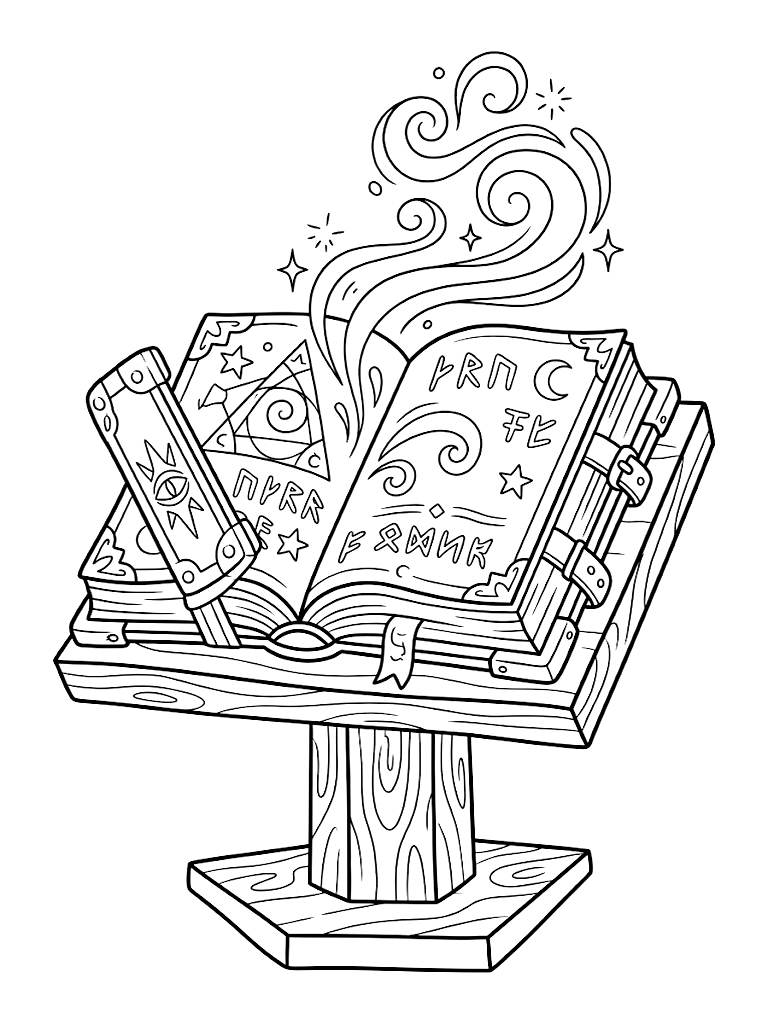 Detailed Illustration Of The Ancient Grimmerie Spellbook Resting On A Wooden Lectern With Green Magical Energy Swirling From Its Open Pages Coloring Page