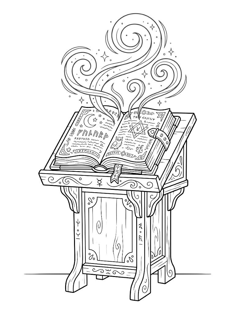 Detailed Illustration Of The Ancient Grimmerie Spellbook Resting On A Wooden Lectern With Green Magical Energy Swirling From Its Open Pages Coloring Page