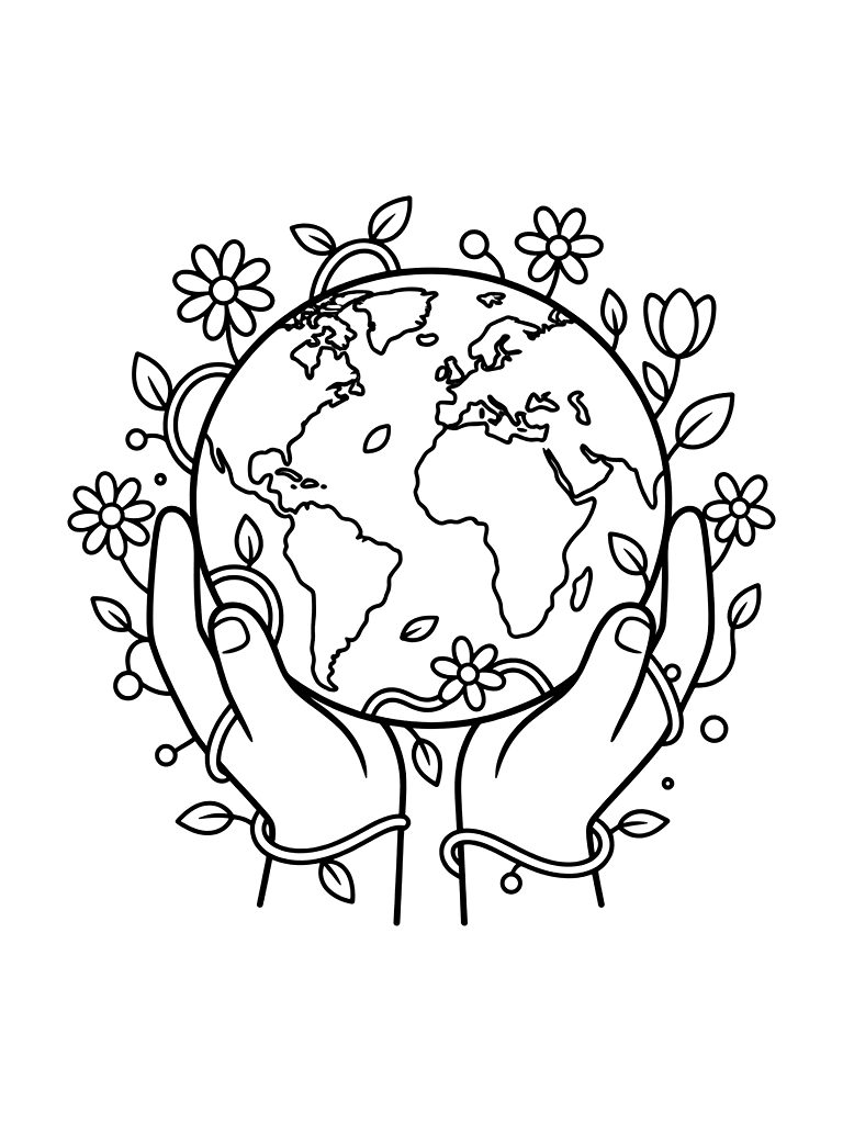 Detailed Illustration Of The Earth Being Cradled By Two Giant Hands With Vines And Flowers Growing Around It Coloring Page