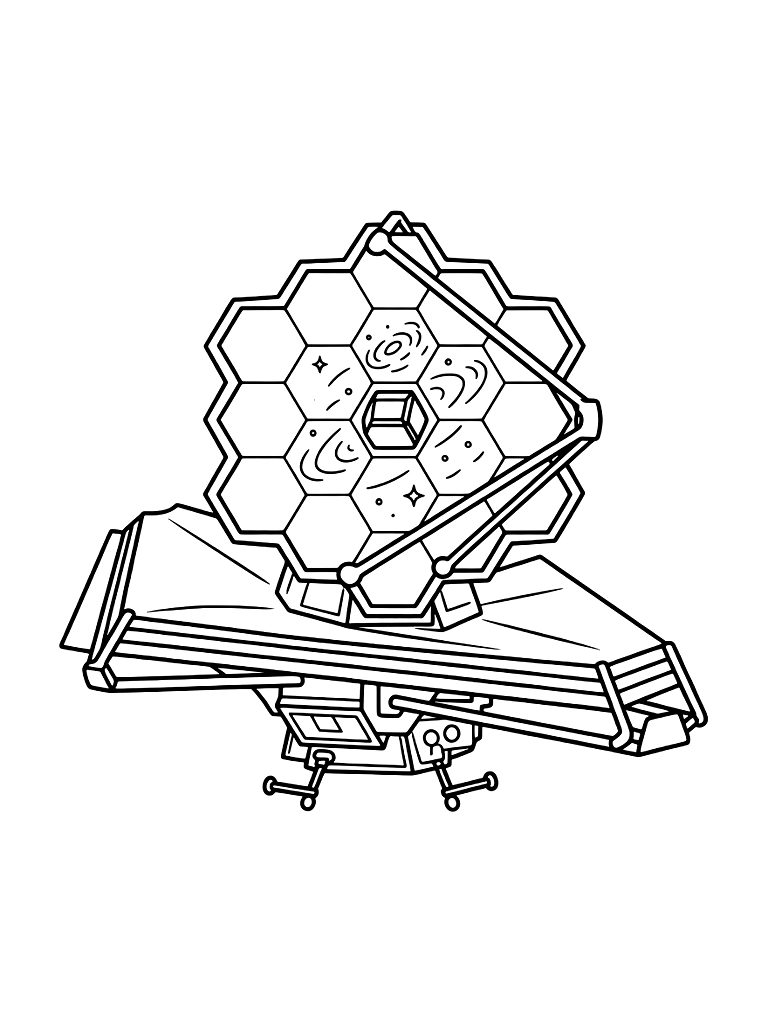 Detailed Illustration Of The James Webb Space Telescope Reflecting A Distant Galaxy In Its Mirrors Coloring Page