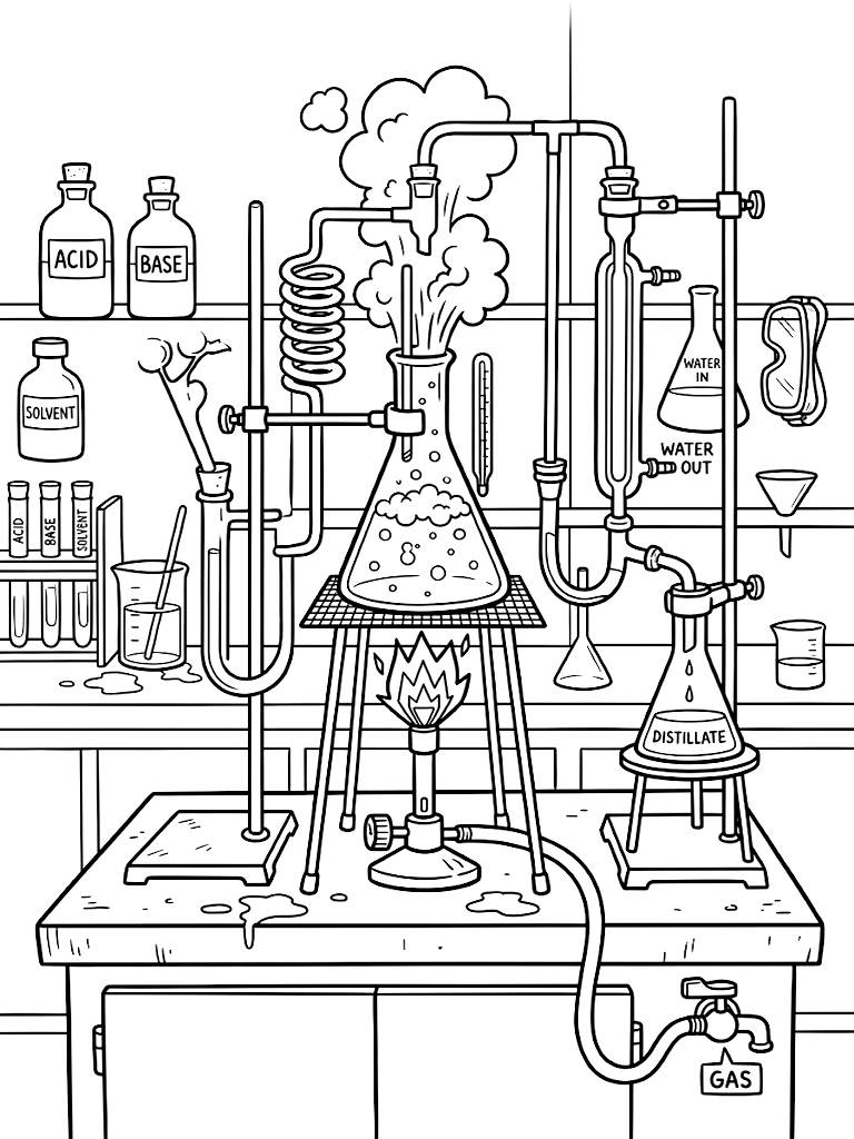 Detailed Laboratory Setup With Boiling Erlenmeyer Flasks Complex Glass Tubing And A Bunsen Burner Emitting A Fierce Geometric Flame Coloring Page