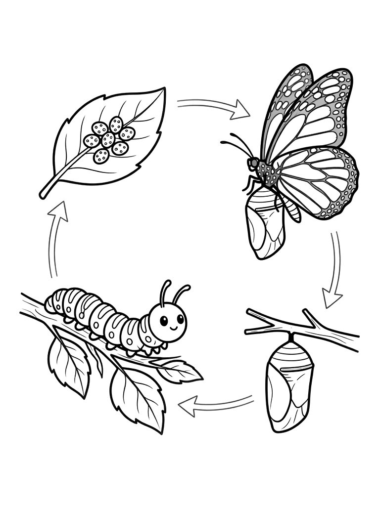 Detailed Life Cycle Diagram Of A Monarch Butterfly From Egg On A Leaf To Caterpillar Coloring Page
