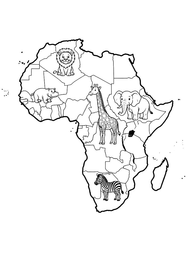 Detailed Map Of Africa Featuring Indigenous Animals Like Giraffes And Lions In Their Respective Regions Coloring Page