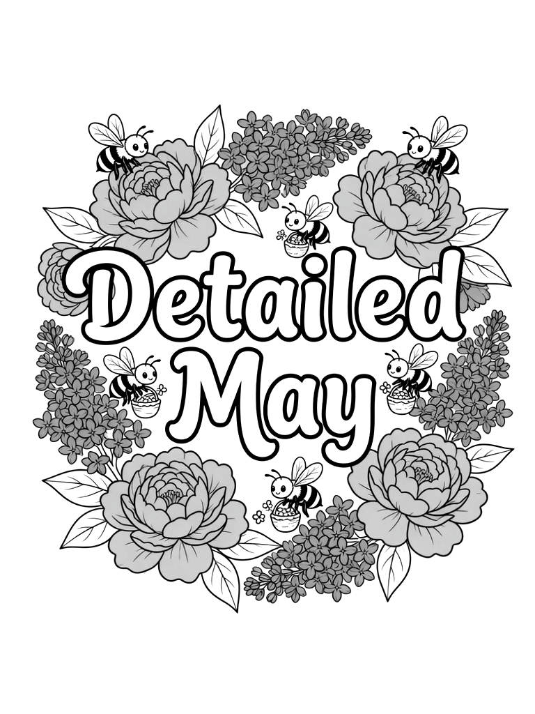 Detailed May Typography Framed By A Lush Garland Of Blooming Pink Peonies Coloring Page