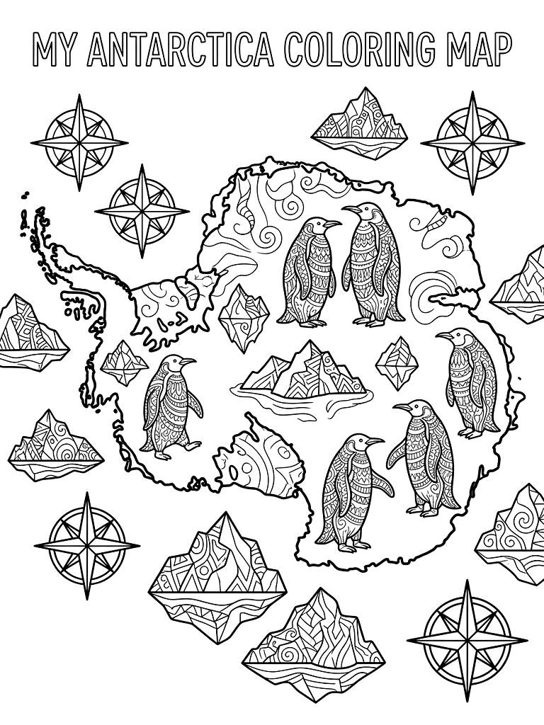 Detailed Outline Map Of Antarctica Decorated With Highly Patterned Emperor Penguins Intricate Icebergs And Compass Roses Coloring Page