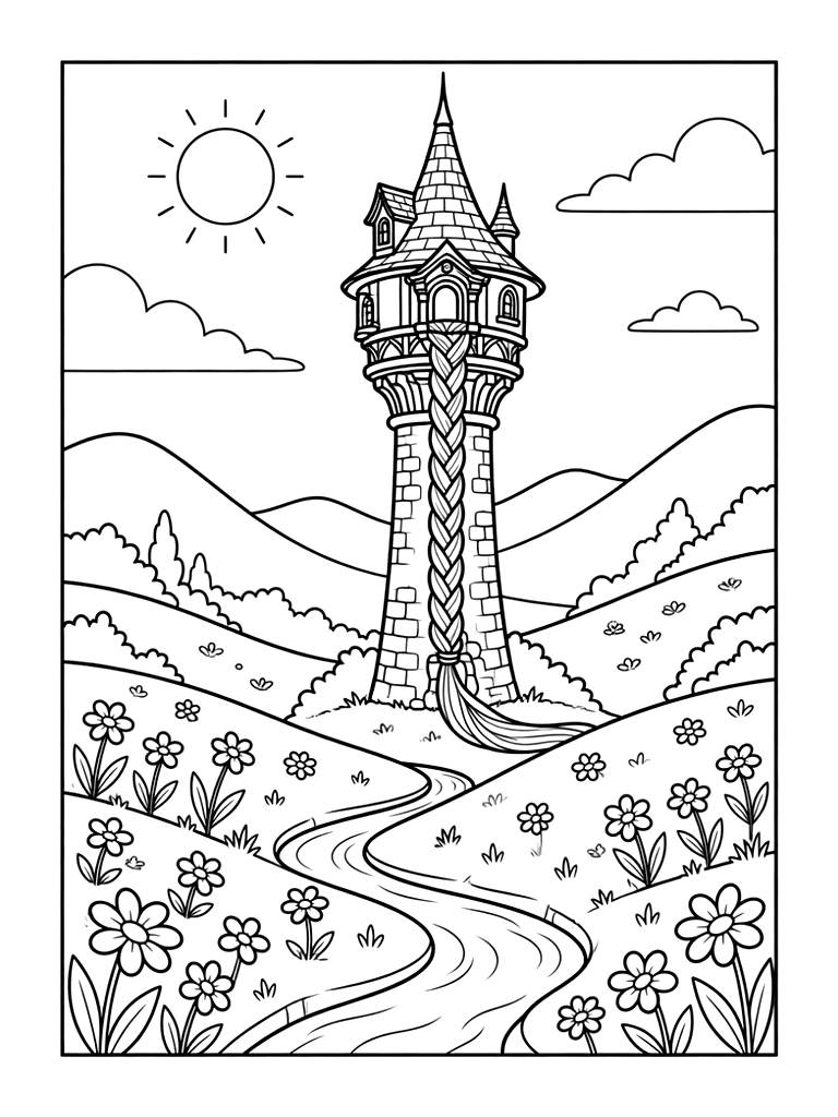 Detailed Rapunzel's Tower Hidden In A Lush Green Valley Surrounded By Blooming Wildflowers And A Winding Stream Under A Sunny Sky Coloring Page