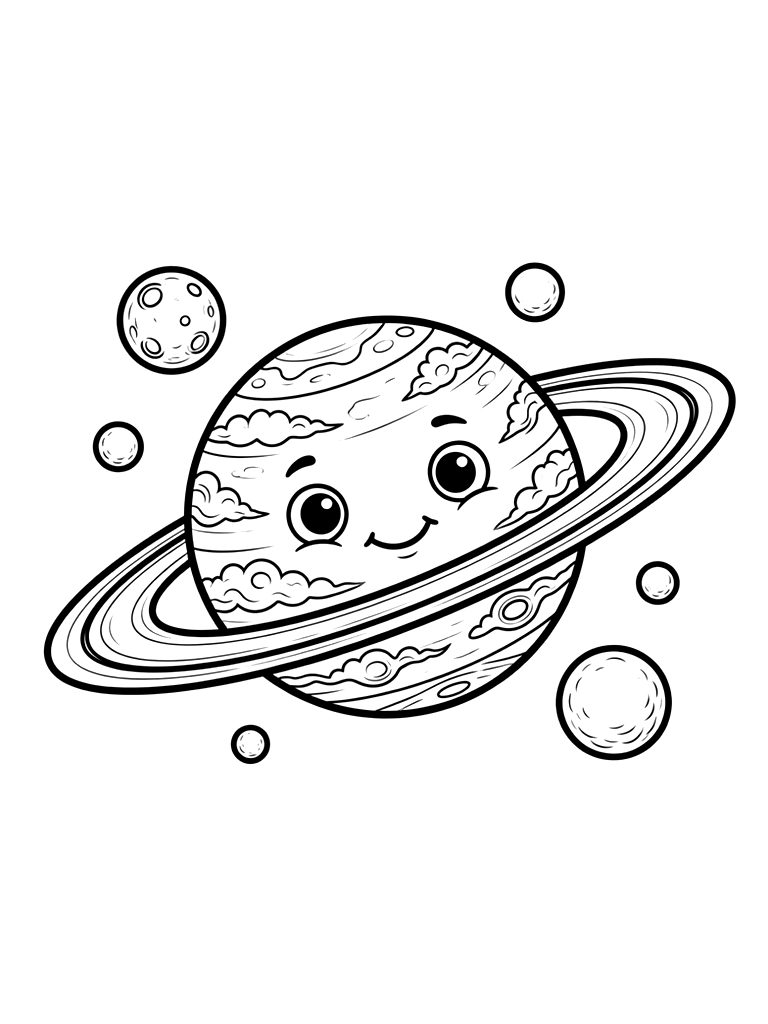 Detailed Saturn With Its Rings And Several Surrounding Moons Coloring Page