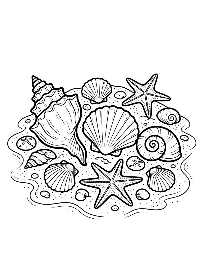 Detailed Sea Shell Collection On A Sandy Shore With Starfish Coloring Page