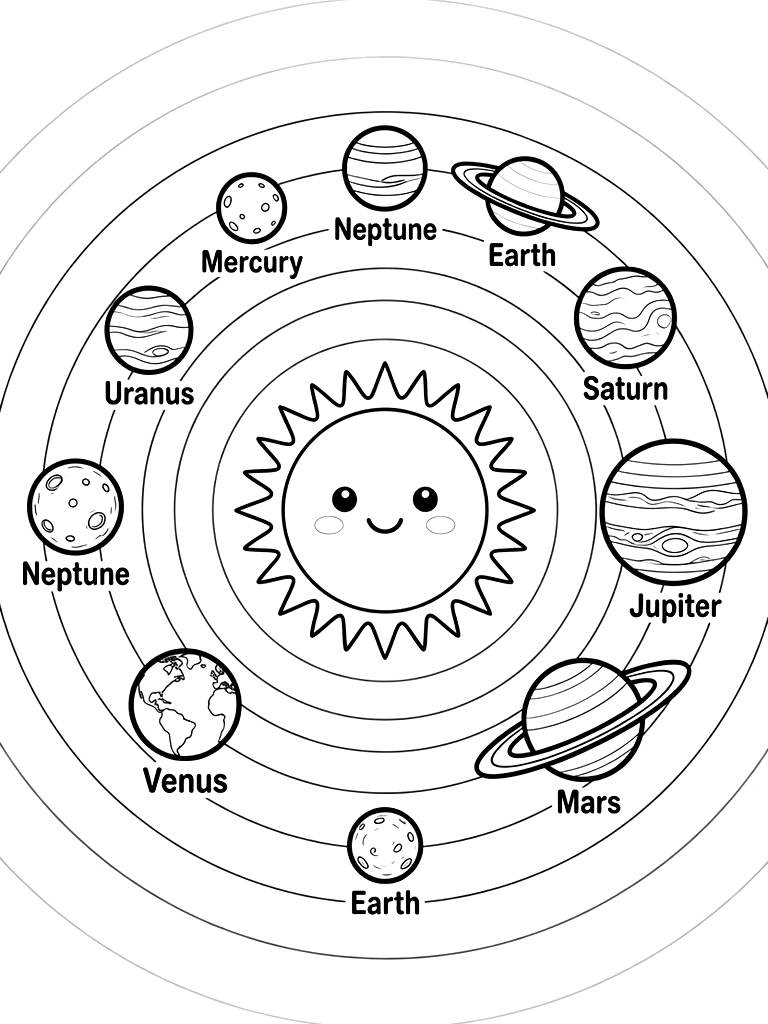 Detailed Solar System Diagram Showing The Eight Major Planets In Order Orbiting A Giant Glowing Sun With Clear Name Labels Coloring Page