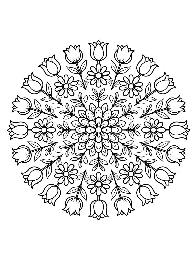 Detailed Spring Floral Mandala Featuring Concentric Rings Of Stylized Tulip Petals Coloring Page