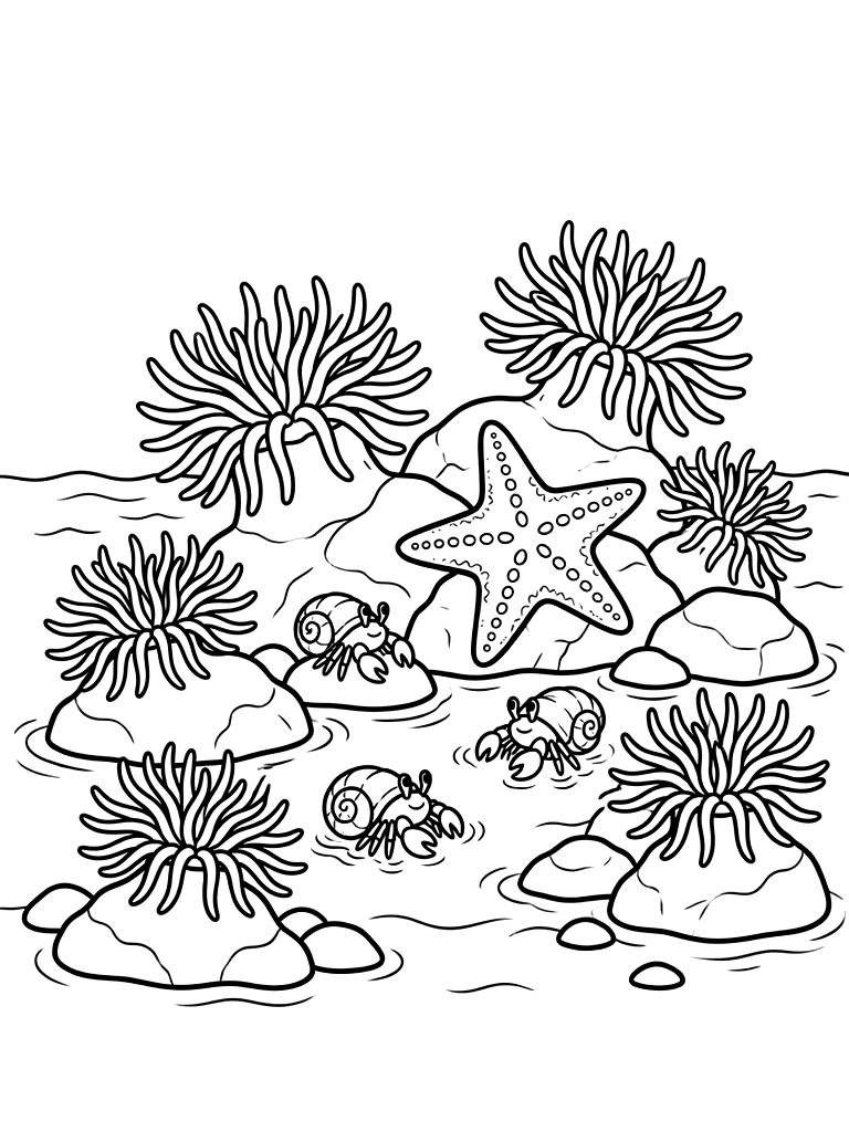 Detailed Tide Pool Scene Filled With Vibrant Sea Anemones Coloring Page