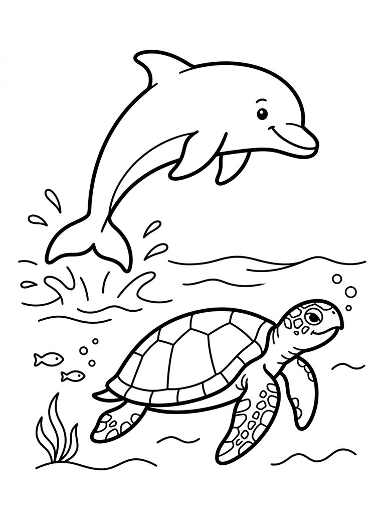 Dolphin Jumping / Sea Turtle Swimming Coloring Page