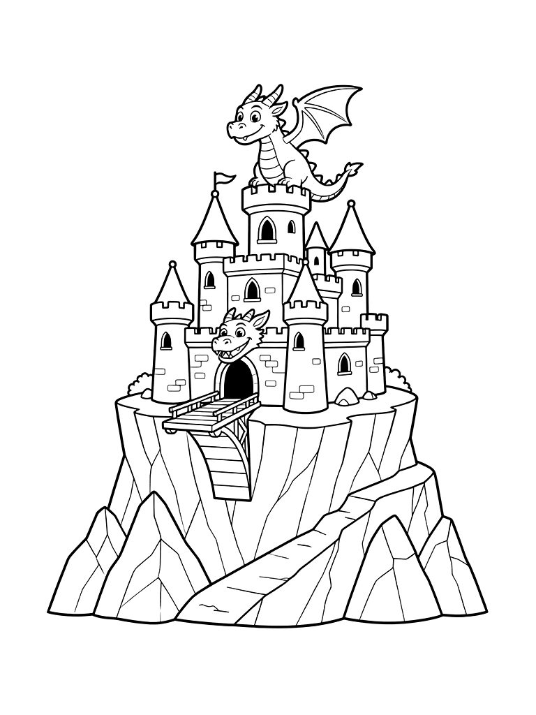 Dragon's Castle On Cliff Coloring Page