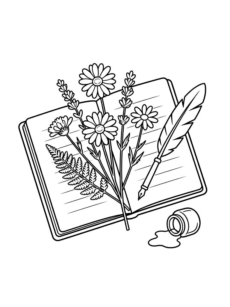 Dried Wildflower Bouquet Pressed Into An Open Journal With An Antique Quill And A Spilled Ink Pot Coloring Page