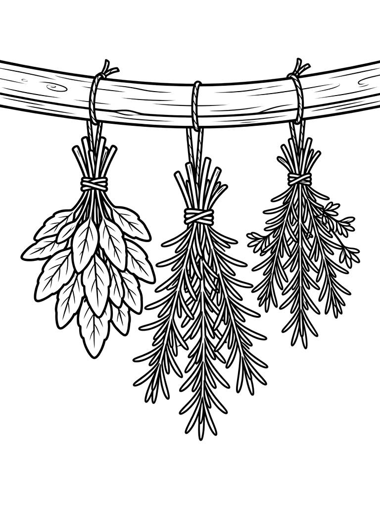 Drying Bundles Of Sage And Rosemary Hanging From A Rustic Wooden Beam Coloring Page