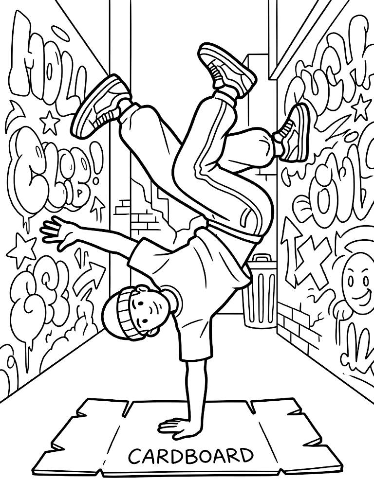 Dynamic Breakdancer Performing A One-Handed Freeze Pose On A Cardboard Mat In A Graffiti-Covered Urban Alleyway Coloring Page