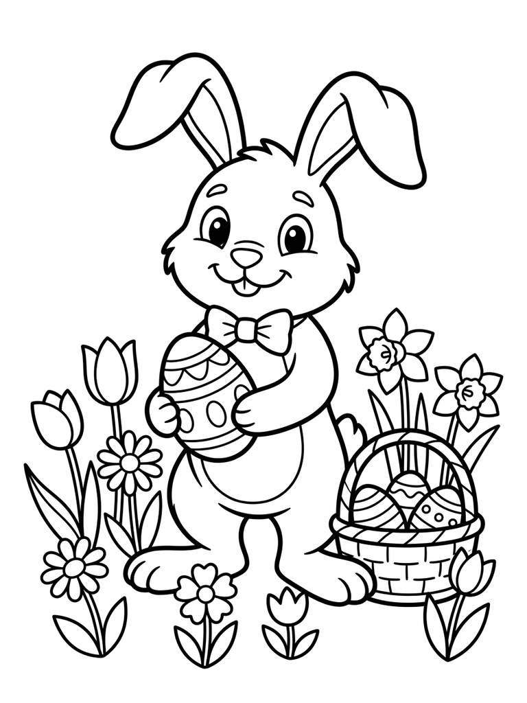 Easter Bunny With Spring Flowers Coloring Page