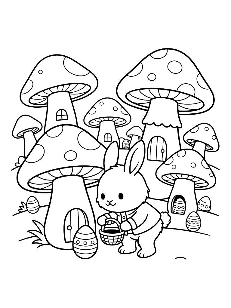 Easter Egg Hunt Inside A Fantasy Mushroom Village With Hidden Eggs Under The Caps Coloring Page