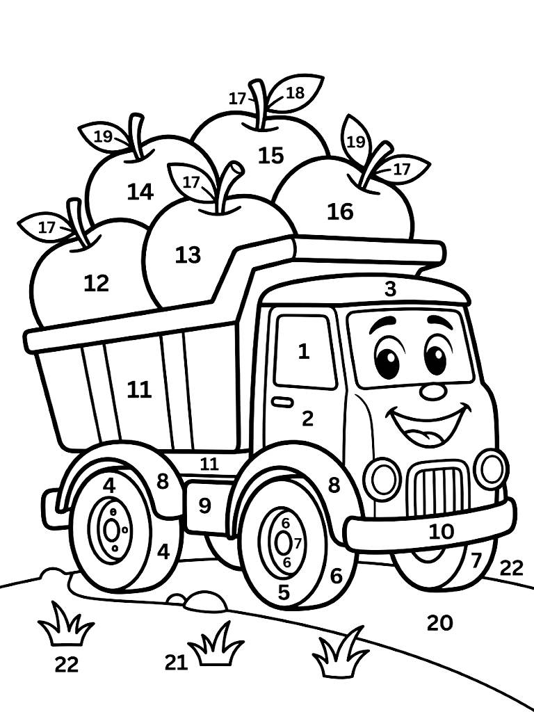Easy Color By Number Cute Smiling Dump Truck Carrying A Load Of Giant Round Apples With Large Bold Segments For Toddlers Coloring Page
