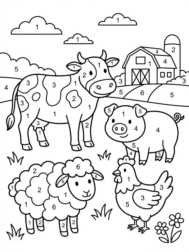 Easy Color By Number Farm Animals For Kids Coloring Page