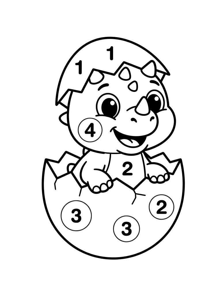 Easy Color By Number Of A Cute Smiling Baby Dinosaur Hatching From A Simple Egg Shell With Clear Bold Numbered Segments For Toddlers Coloring Page