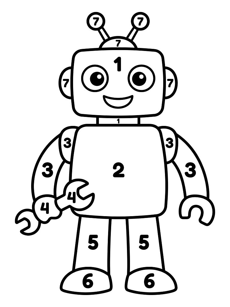 Easy Color By Number Of A Friendly Smiling Robot Holding A Wrench With Large Bold Numbered Segments For Toddlers Coloring Page