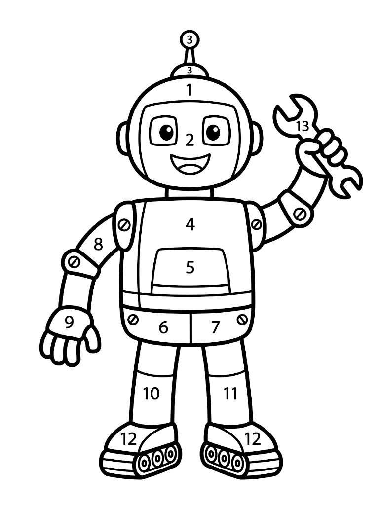 Easy Color By Number Of A Friendly Smiling Robot Holding A Wrench With Large Bold Numbered Segments For Toddlers Coloring Page