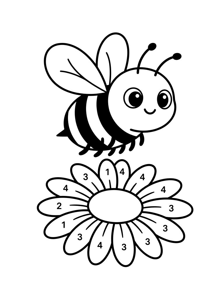 Easy Color By Number Of A Happy Bumblebee Flying Over A Large Simple Daisy With Numbered Petals Coloring Page