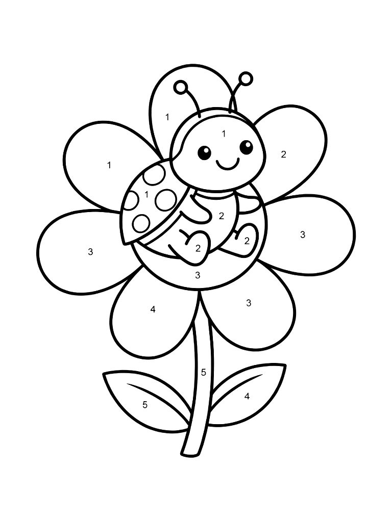 Easy Color By Number Of A Happy Ladybug On A Big Simple Flower For Young Children Coloring Page