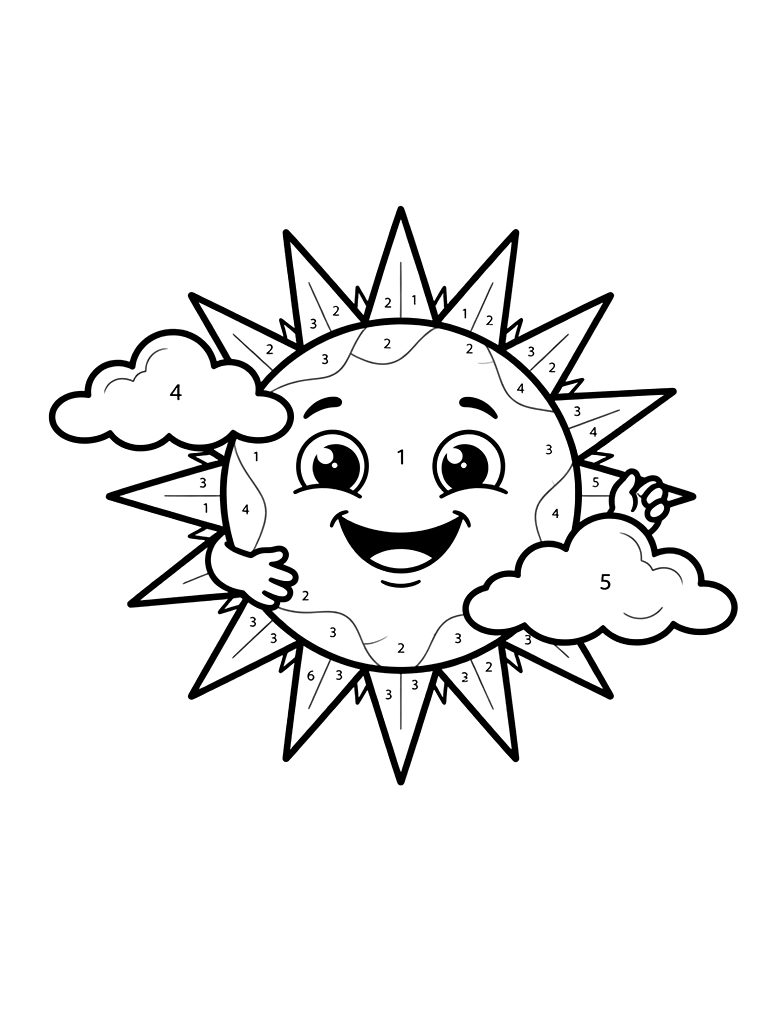 Easy Color By Number Smiling Sun And Clouds For Kids Coloring Page