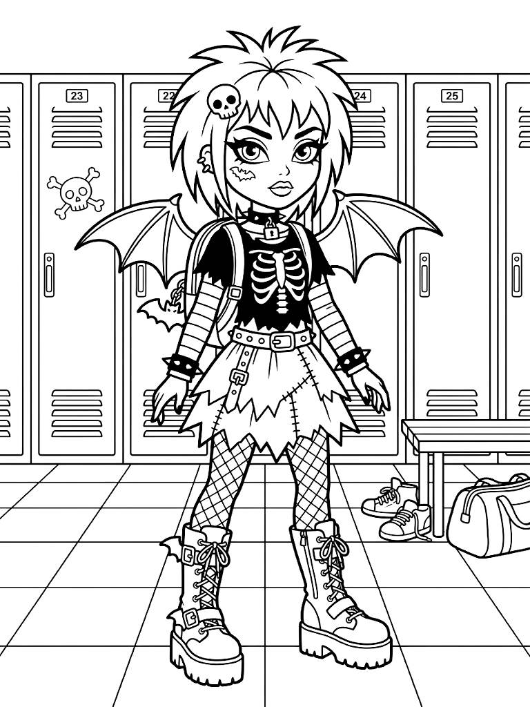Edgy Gothic Fashion Doll With Stitched Details Platform Combat Boots And Dramatic Bat-Wing Accessories Standing In A Locker Room Coloring Page