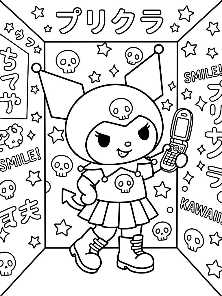 Edgy Kuromi Character Taking A Selfie With A Y2K Era Flip Phone Inside A Purikura Photo Booth Decorated With Stars And Skulls Coloring Page