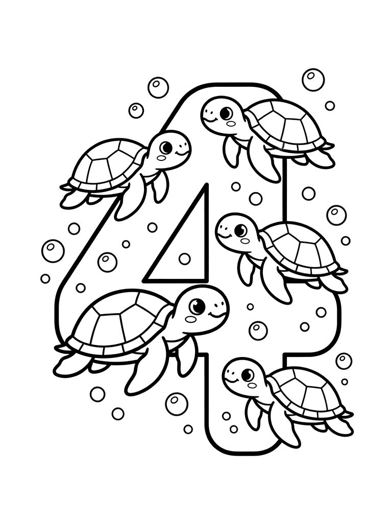 Educational Page Showing The Number 4 Designed With Four Cute Smiling Sea Turtles Swimming Through Bubbles Coloring Page