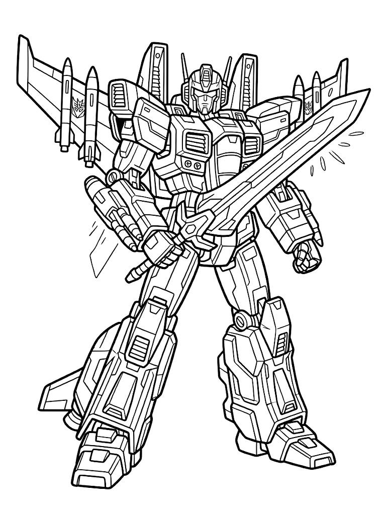 Elaborate Transforming Mecha Robot Action Figure With Intricate Mechanical Panel Lines Jetpack Wings And A Glowing Energy Sword Coloring Page
