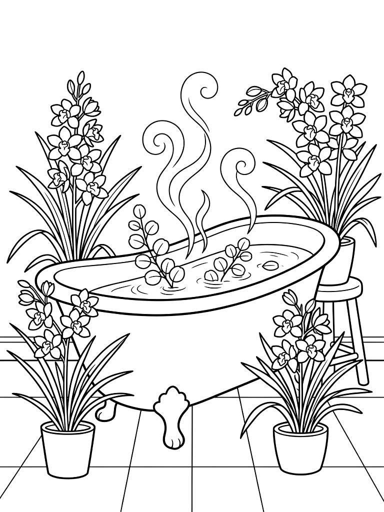 Elegant Cymbidium Orchids Blooming Around A Luxurious Freestanding Clawfoot Bathtub Filled With Eucalyptus Steam Coloring Page