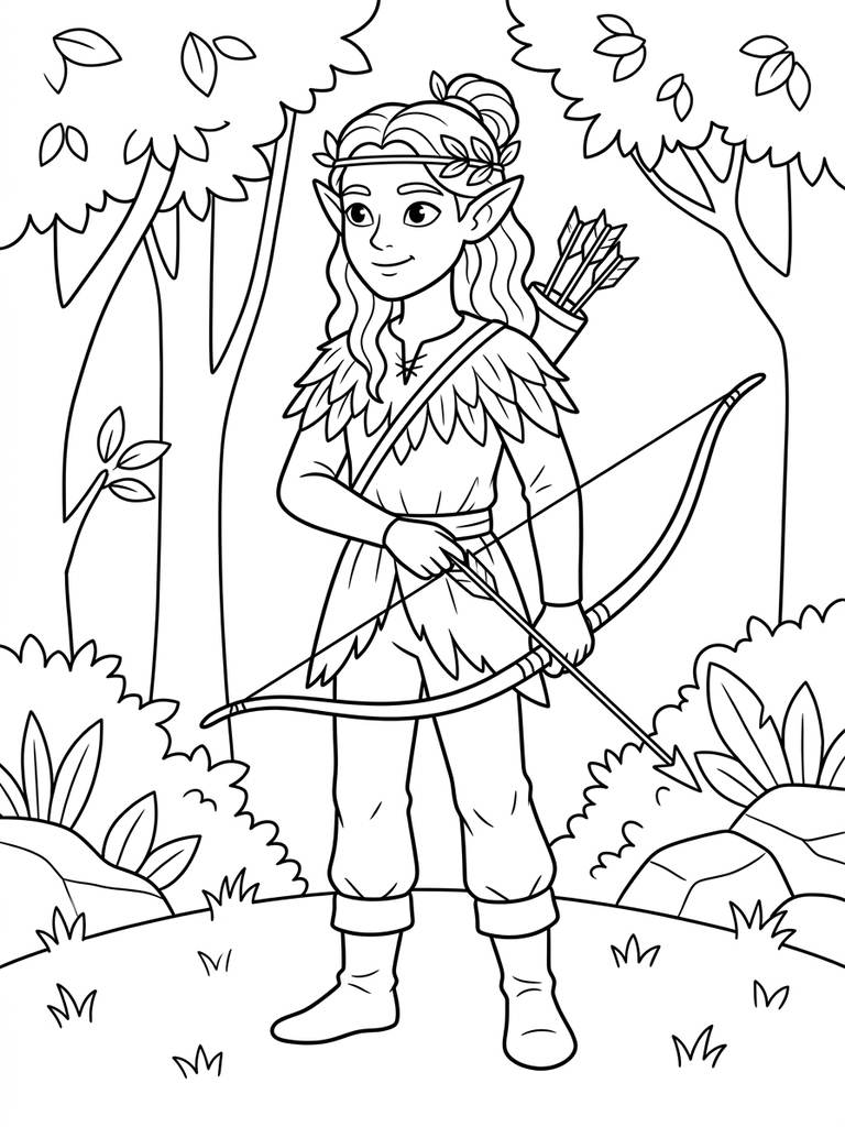 Elegant Elf Archer Or Forest Elf Coloring Page