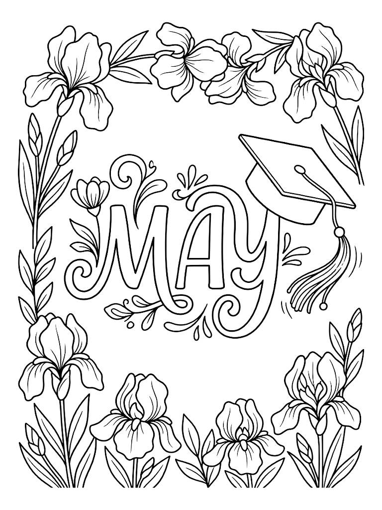 Elegant May Typography Surrounded By Blooming Irises And A Tossed Graduation Cap With A Swinging Tassel Coloring Page