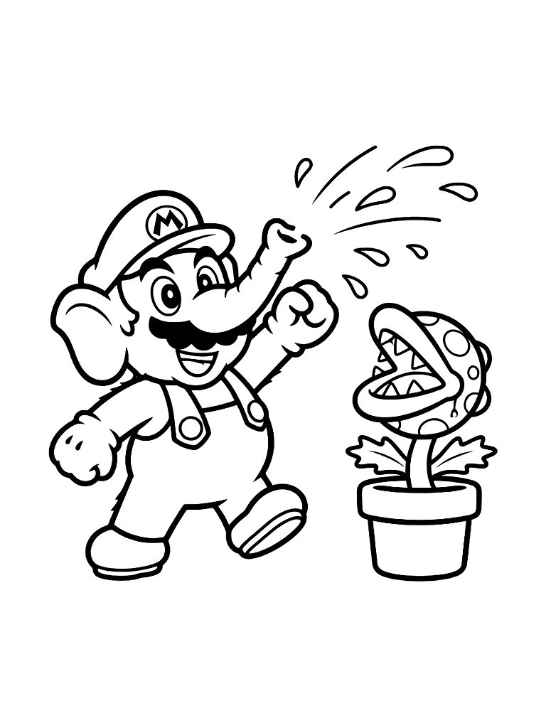 Elephant Mario From Super Mario Bros. Wonder Spraying Water From His Trunk At A Piranha Plant Coloring Page