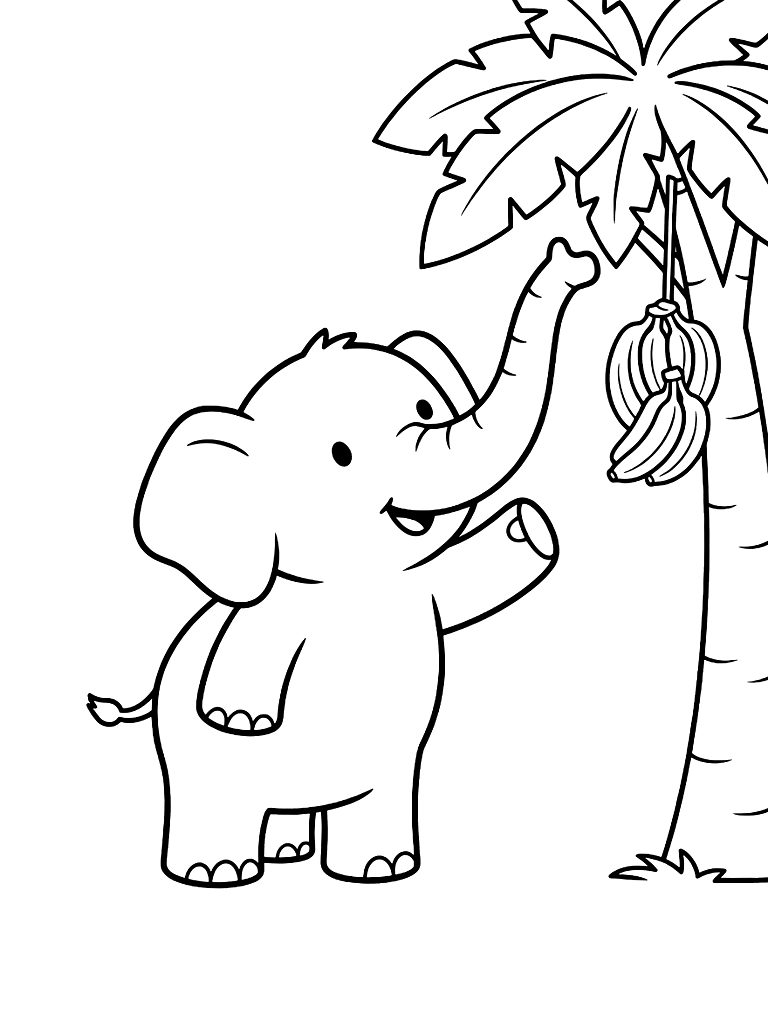 Elephant Using Its Trunk To Reach For A Bunch Of Bananas From A Tall Tropical Tree Coloring Page