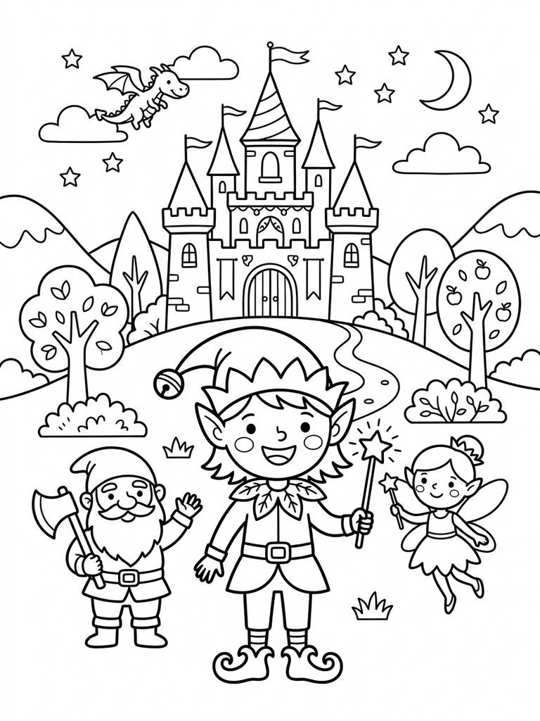 Elf With Enchanted Castle Or Mythical Group Scene Coloring Page