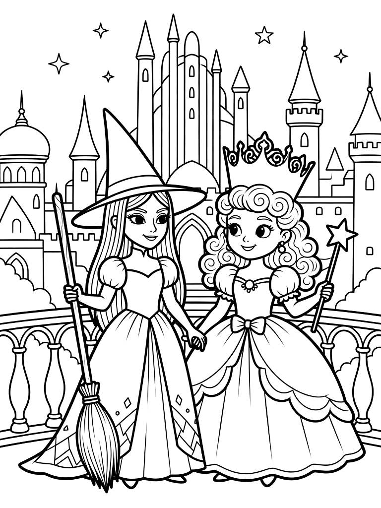 Elphaba And Glinda Standing On The Balcony Of The Wizard's Palace Overlooking The Glowing Emerald City At Night Coloring Page